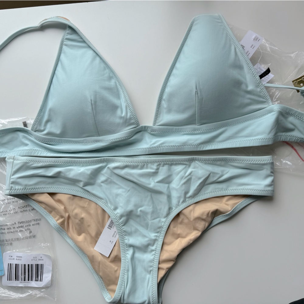 JCrew Plunge V-Neck Bikini Top Hipster Bottoms Vintage Sky Medium